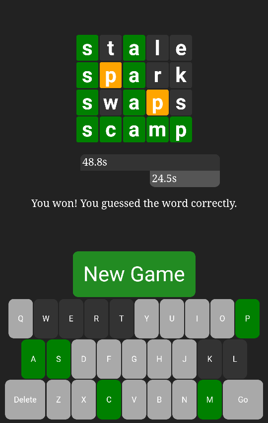 Bullet wordle - a wordle-like interface with timers showing that each user is trying to guess the word before their time runs out.