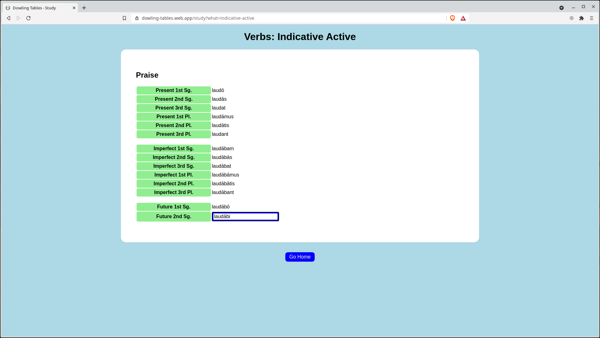 Dowling tables application, showing the user declining the verb laudō