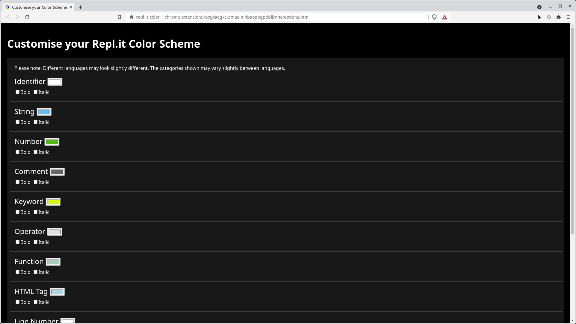 repl.it-color extension theme customisation screen
